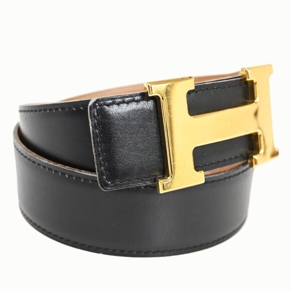 HERMES H Logo Constance Reversible Buckle Belt #65 Leather ▢C Black